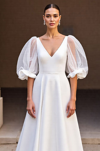 Bubble Sleeves V-Neck Satin Wedding Dress