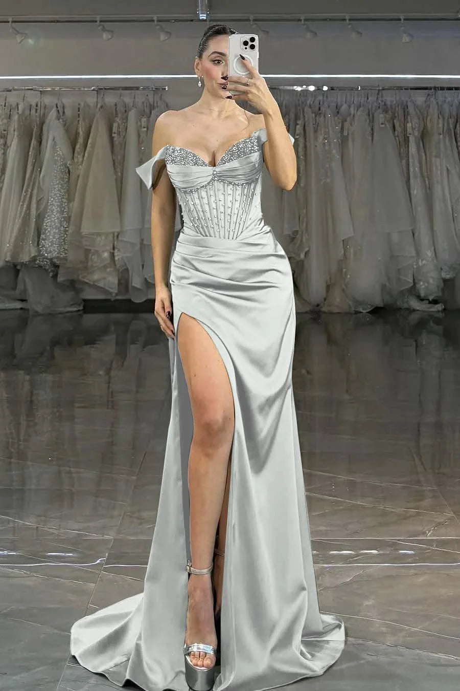 Green Off-The-Shoulder Beaded Split Evening Dress ZT0382