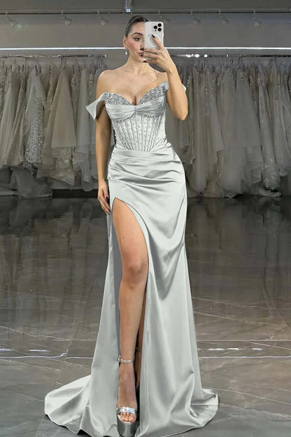 Green Off-The-Shoulder Beaded Split Evening Dress ZT0382