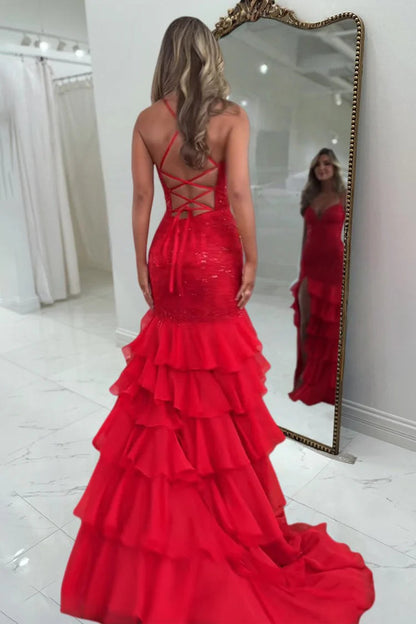 Mermaid V Neck Spaghetti Straps Red Ruffle Tiered Chiffon Long Prom Dress