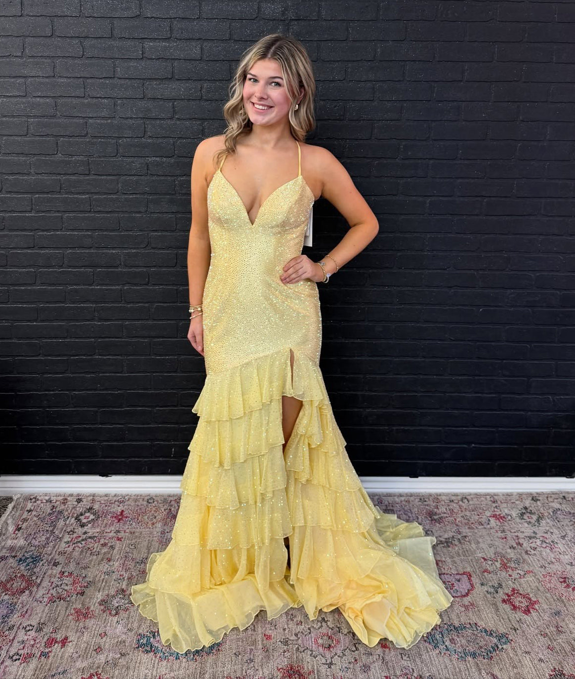 Women's Glittery Sequin Beaded Mermaid Prom Dresses Long V Neck Party Gowns with Ruffles