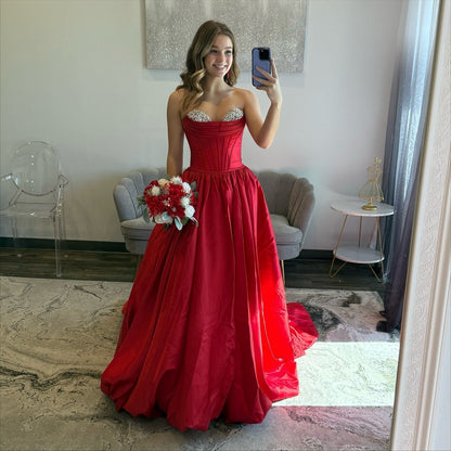 Sweetheart Corset Satin Beaded Prom Dresses Long A Line Strapless Party Gowns for Women