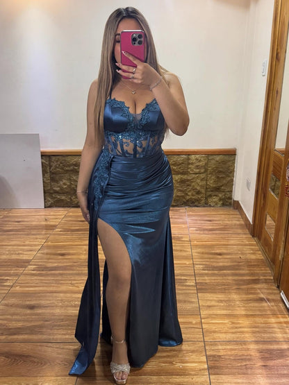 Mermaid Satin V Neck Prom Dresses Long Corset Lace Evening Party Gowns