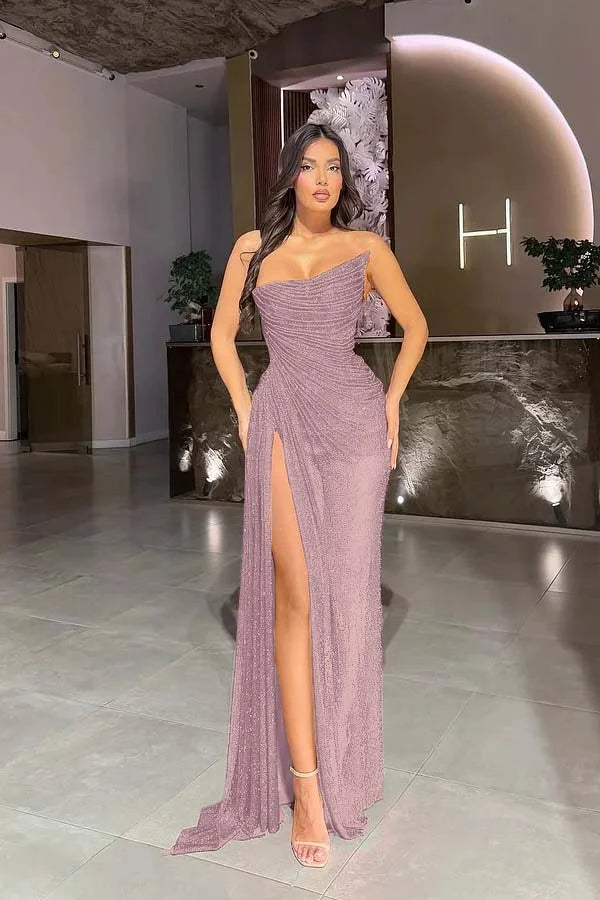 Red Strapless Gorgeous Split Sequins Prom Dress