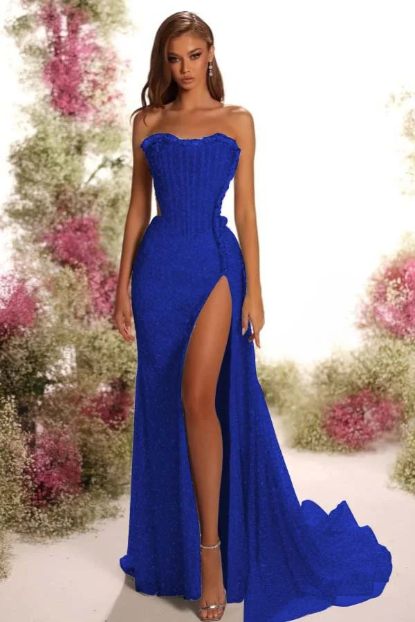 Light Blue Sequins Strapless Split Prom Dress