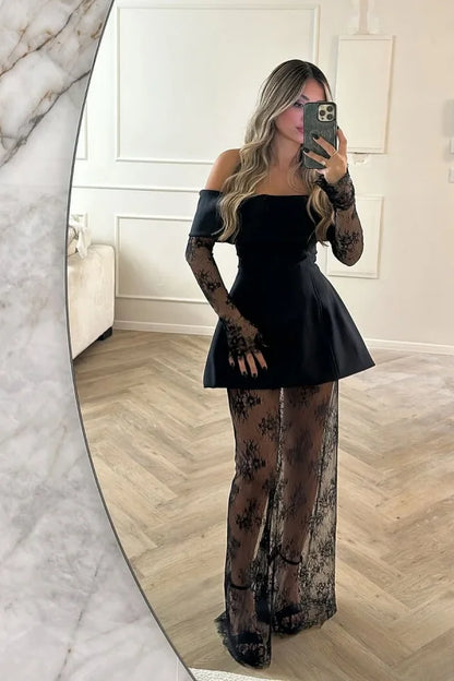 Black Off-The-Shoulder Short Lace Stitching Prom Dress