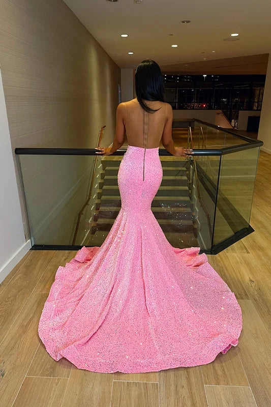 Pink Evening Dress Sleeveless Sequins Mermaid Long Slit