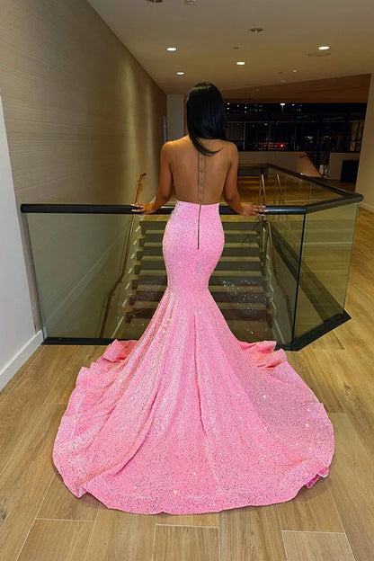 Pink Evening Dress Sleeveless Sequins Mermaid Long Slit