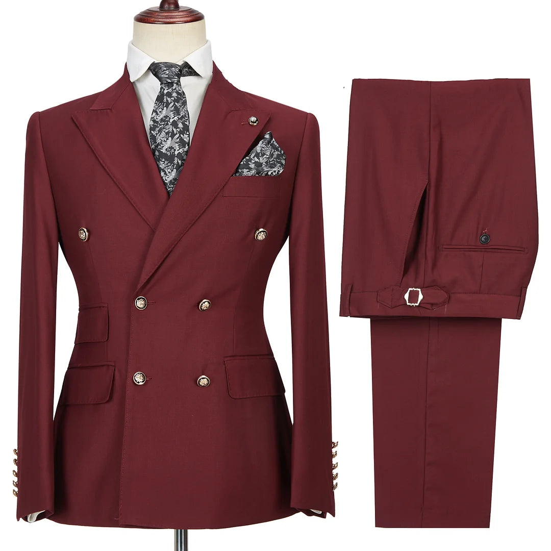 Glamorous Burgundy Groomsmen Outfits Peak Lapel With Double Breasted Gentle