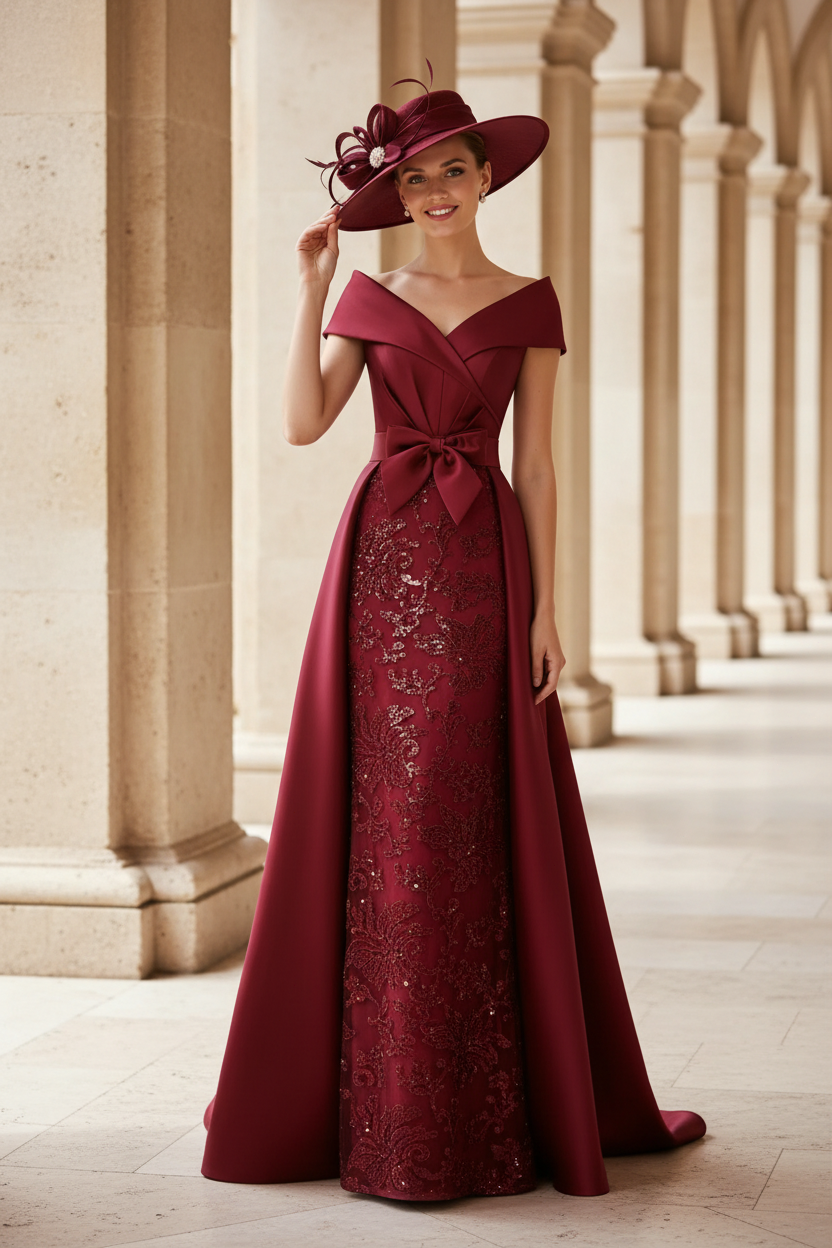 Elegant Burgundy Off the Shoulder Satin and Sequin Evening Gown