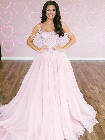A Line Chiffon Sweetheart Crystal Beaded Long Prom Dresses