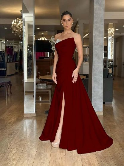 Red Strapless Beaded Pleated Long Prom Dress