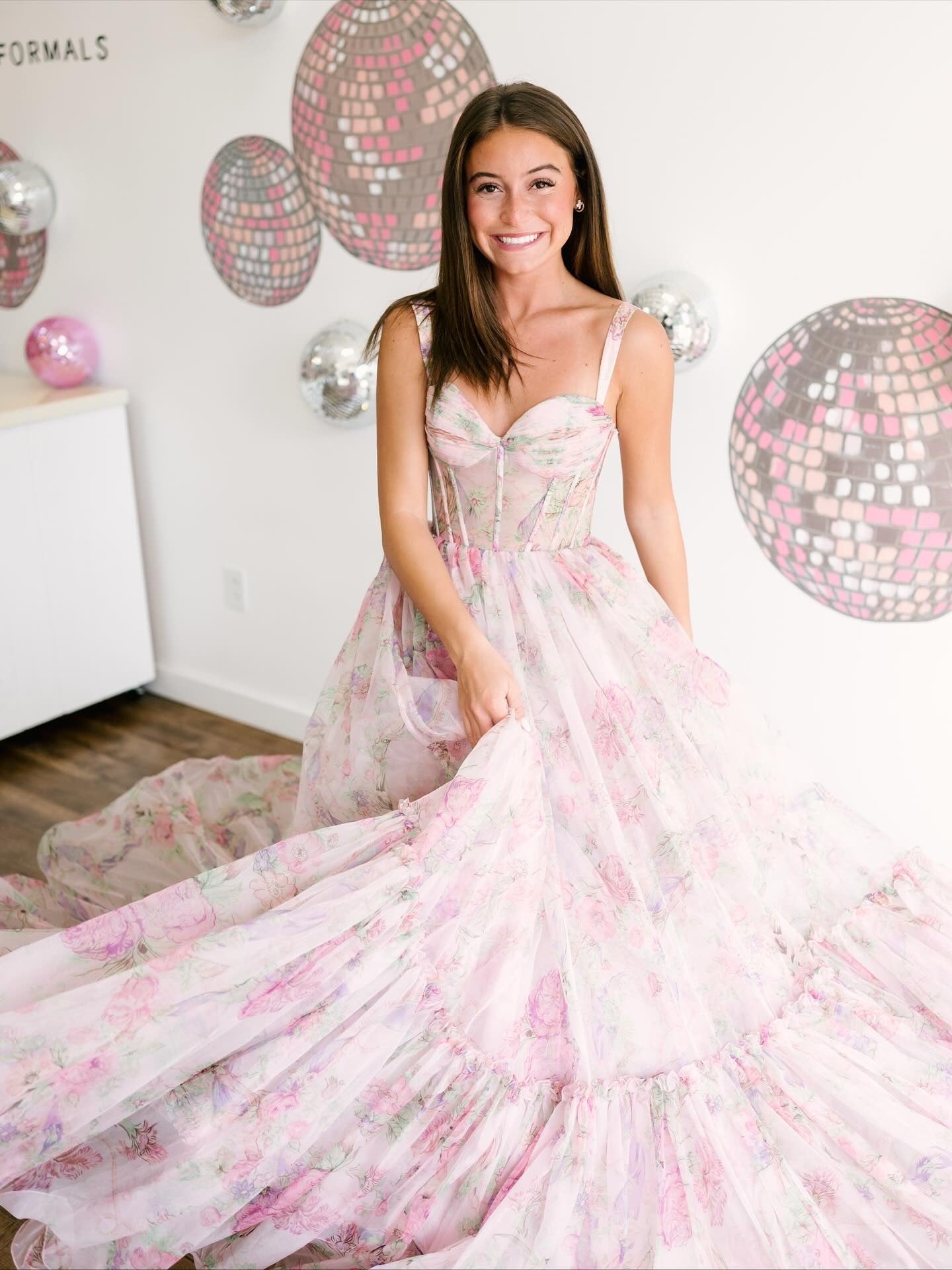 Women's Chiffon Floral Print A-Line Long Prom Dress