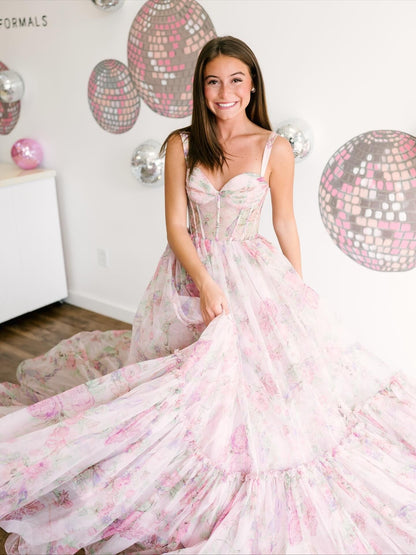 Women's Chiffon Floral Print A-Line Long Prom Dress