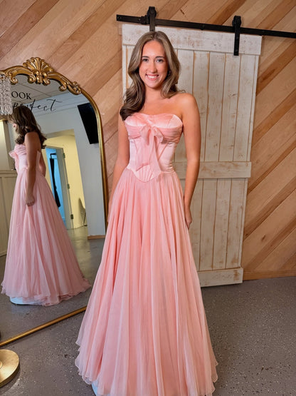 Strapless Chiffon Corset Floor-Length Prom Dress Sweetheart Pleated Party Gowns