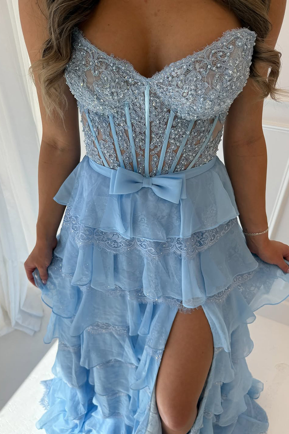 Fashion A Line Sweetheart Light Blue Chiffon Tiered Prom Dress