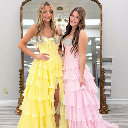 Sweetheart Corset Crystal Beaded Prom Dress A-Line Chiffon Pleated Tiered Party Gowns