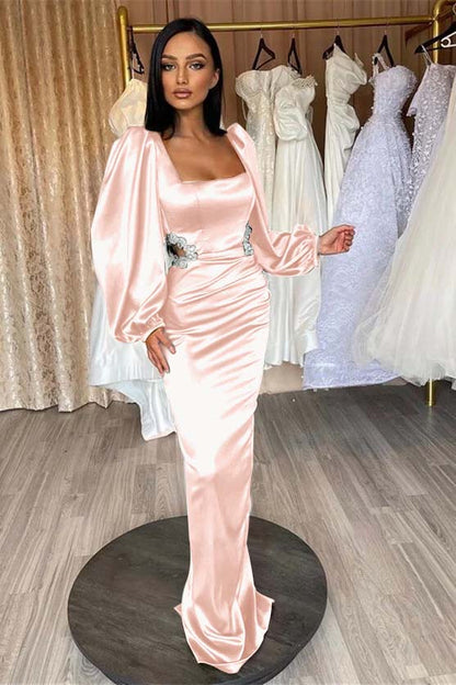 Glamorous Long Puff Sleeves Square Pleated Mermaid Prom Dress With Appliques