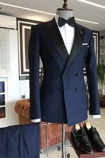 Gentle Dark Navy Evening Suits For Men Double Breasted With Peaked Lapel Party