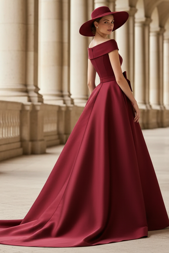 Elegant Burgundy Off the Shoulder Satin and Sequin Evening Gown