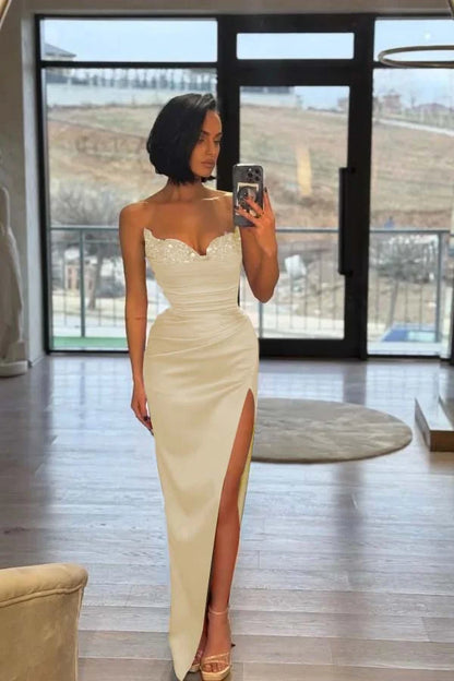 Red Split Sequins Strapless Prom Dress With Puff Sleeves