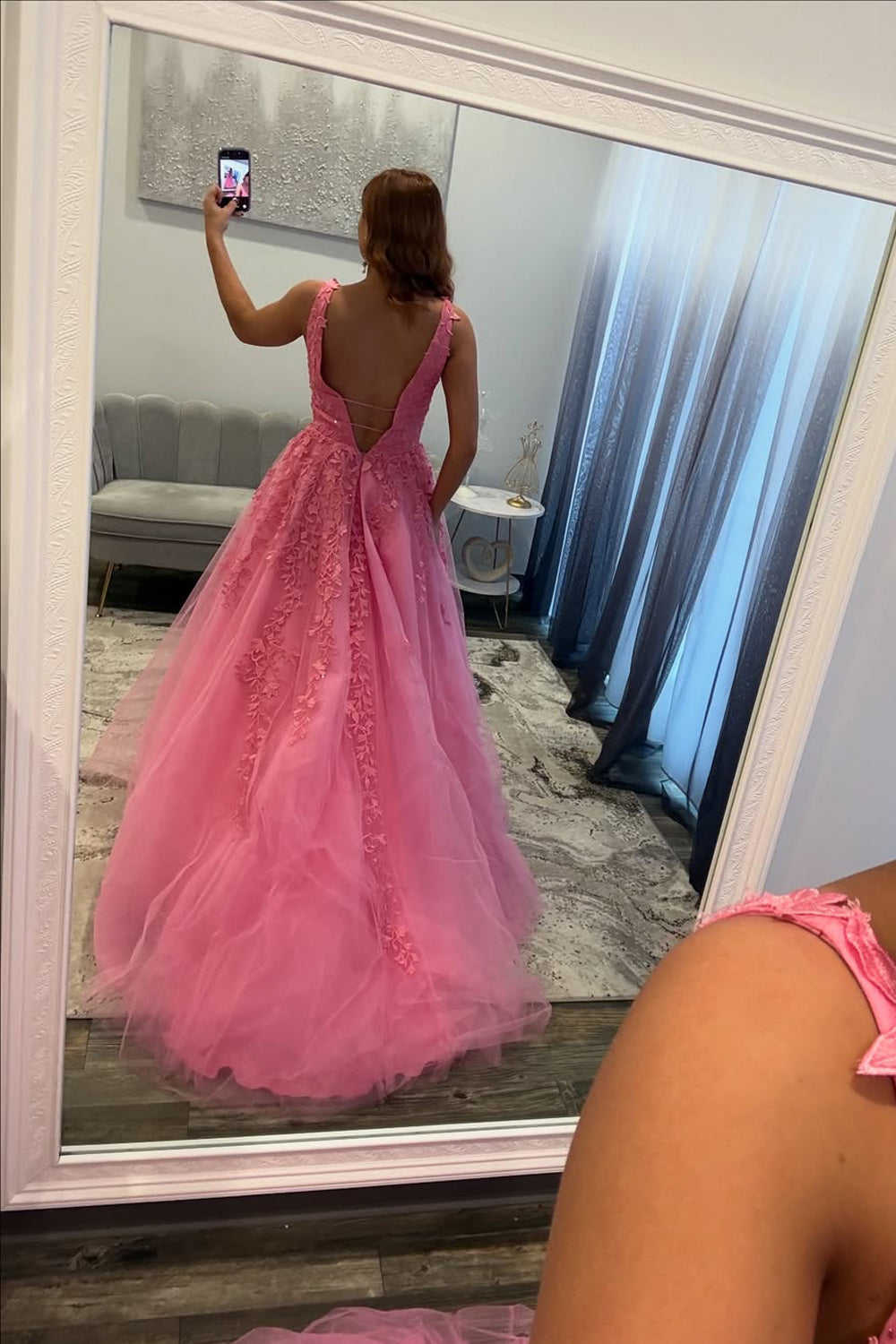 Gorgeous A Line V Neck Pink Tulle Prom Dress with Appliques