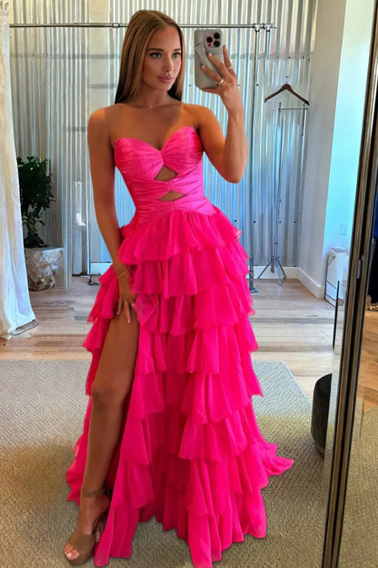 Charming A-Line Sweetheart Fuchsia Ruffle Tiered Long Prom Dress