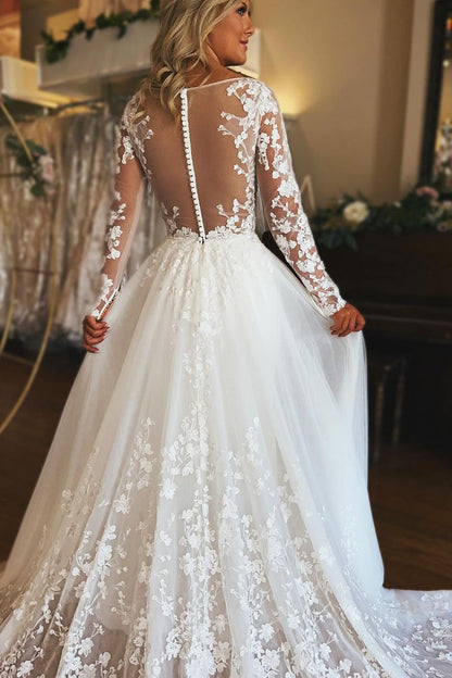 Charming A-Line V Neck Long Sleeve Tulle Lace Wedding Dress