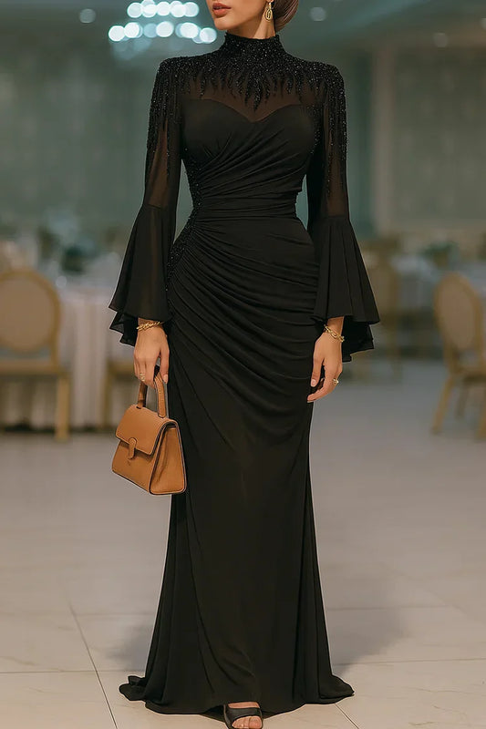 Sequin Embroidery Flare Sleeve Ruched Party Maxi Dresses