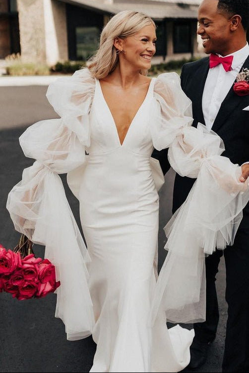 Fairy Mermaid Satin Long Wedding Dresses with Long Sleeves