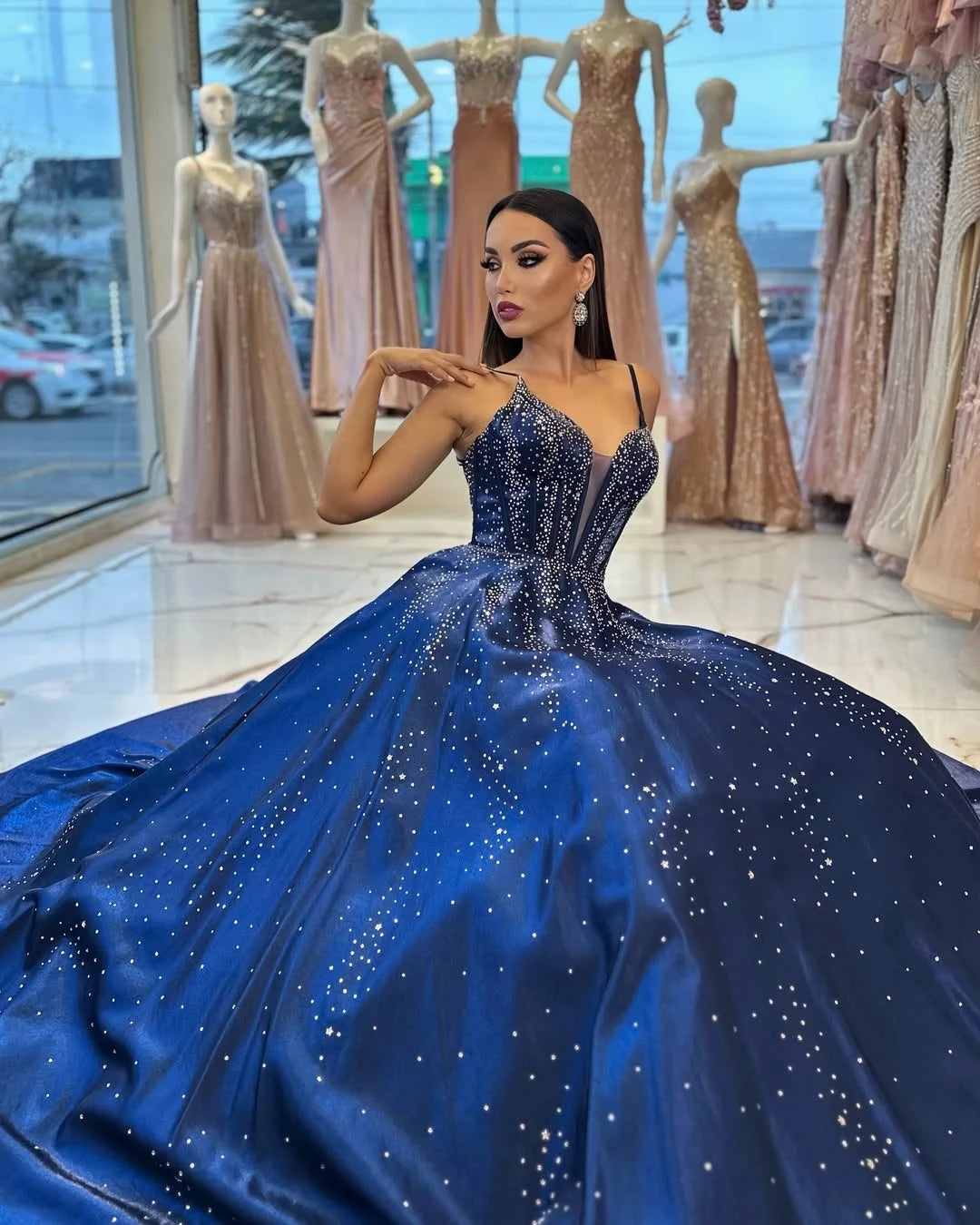 Navy Blue Spaghetti-Straps Beaded Long Prom Dress