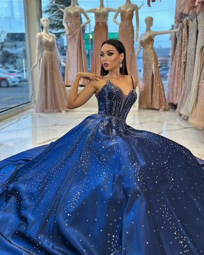 Navy Blue Spaghetti-Straps Beaded Long Prom Dress