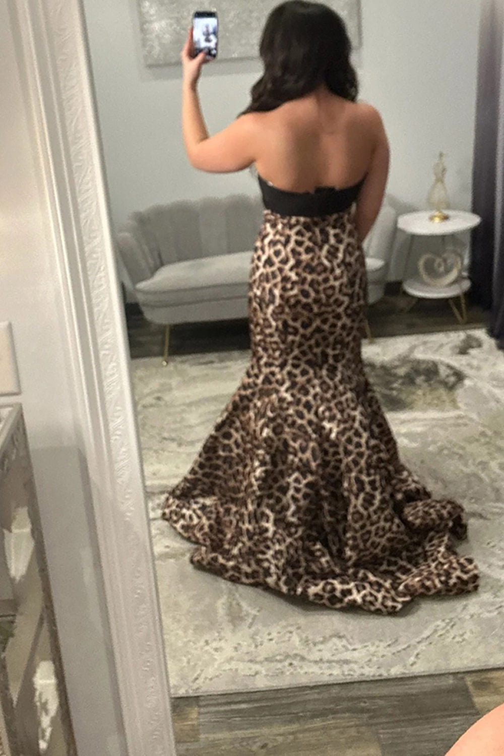 Mermaid Strapless Black Leopard Long Prom Dress