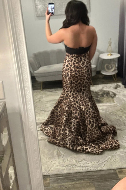 Mermaid Strapless Black Leopard Long Prom Dress