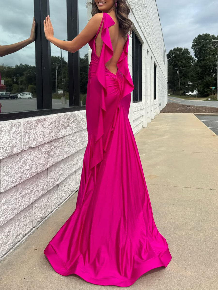 Hot Pink V-Neck Prom Dress with Cascading