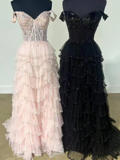 Glamorous Champagne Beaded Tiered Ruffle Corset Prom Dress with Slit