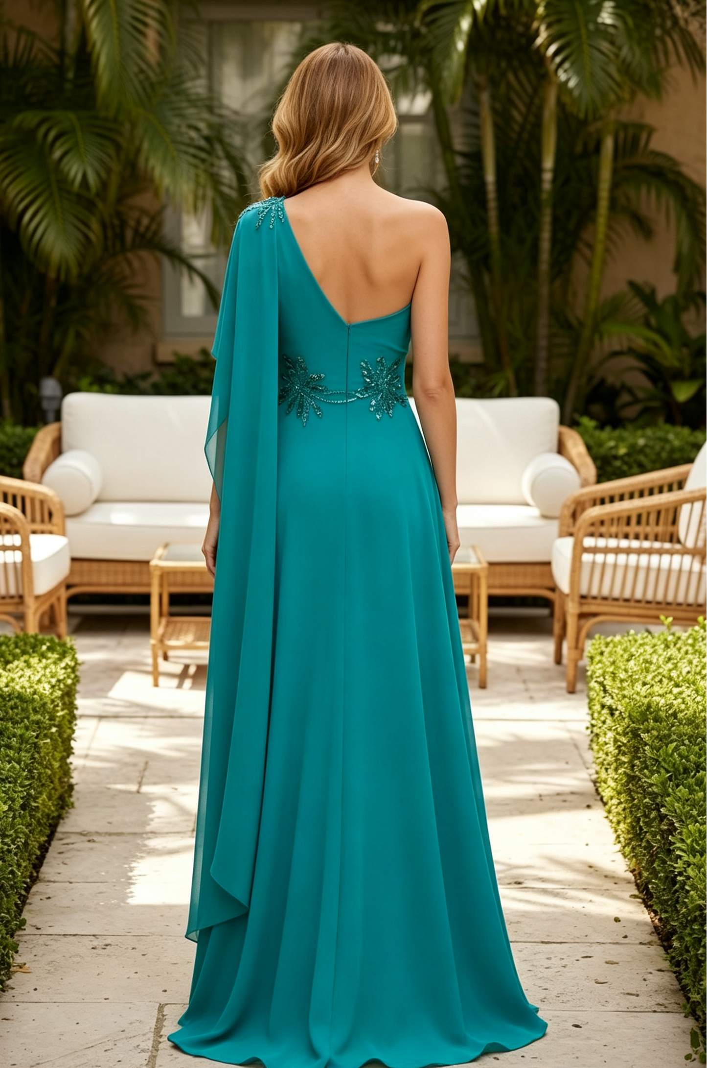 One-Shoulder Chiffon Gown with Cape