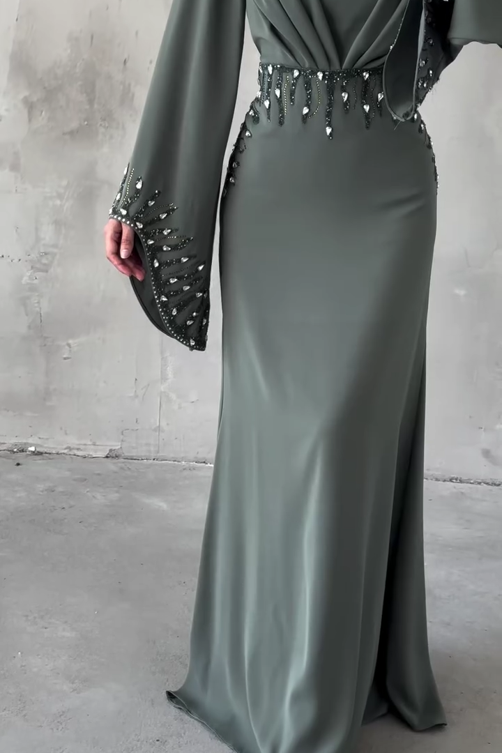 Hot Drilling Irregular Sleeve Pleated Party Maxi Dresses-Blue