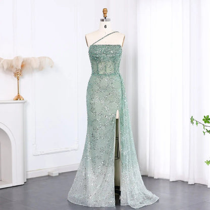 Luxury Blue One Shoulder Evening Dress with Overskirt