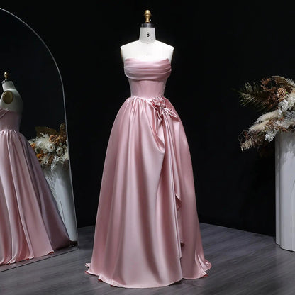 Pink Crystal Strapless High Slit Elegant Evening Dress