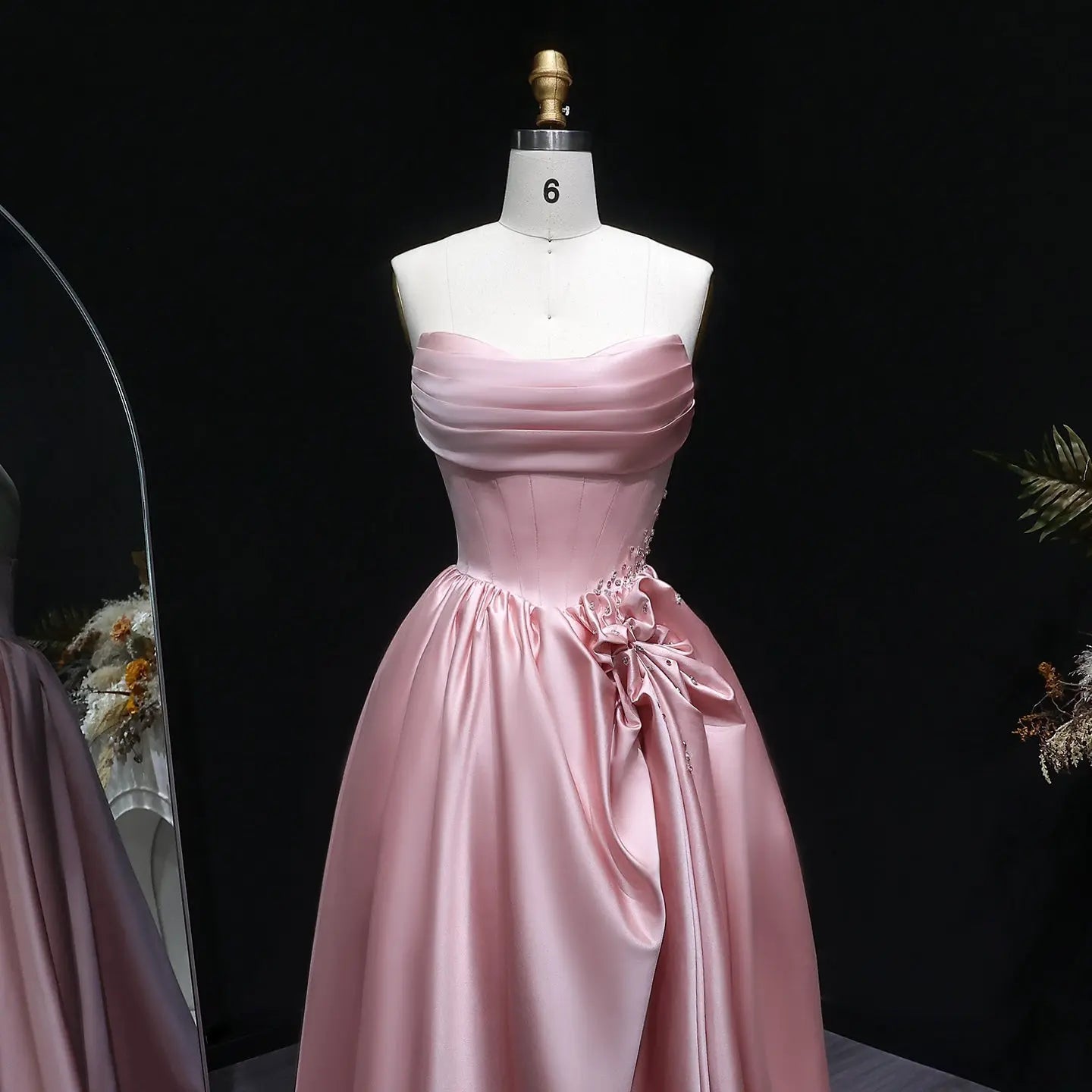 Pink Crystal Strapless High Slit Elegant Evening Dress
