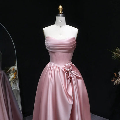 Pink Crystal Strapless High Slit Elegant Evening Dress