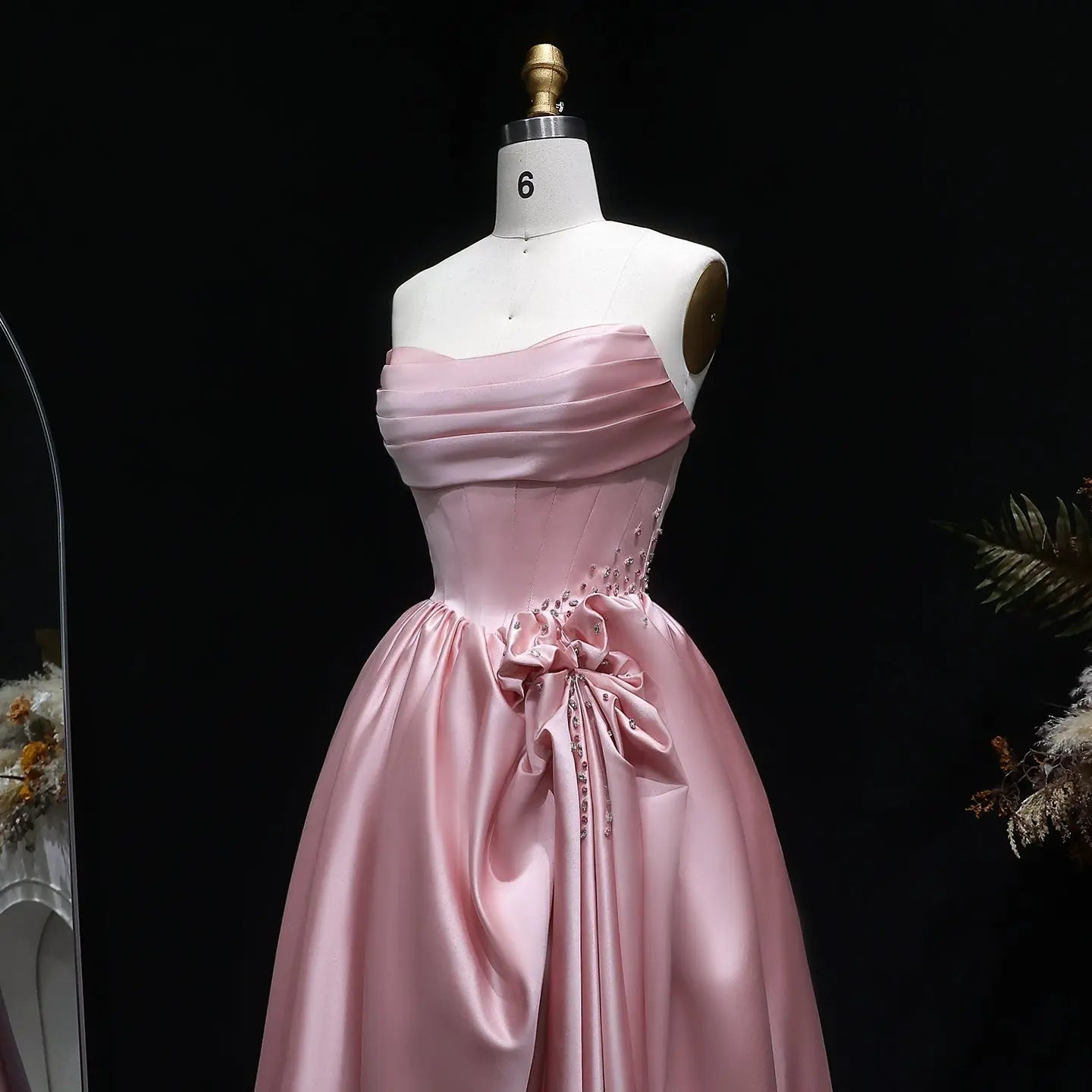 Pink Crystal Strapless High Slit Elegant Evening Dress