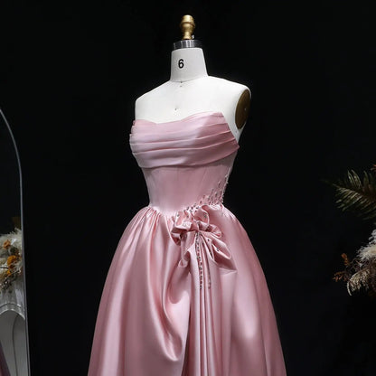 Pink Crystal Strapless High Slit Elegant Evening Dress