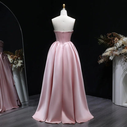 Pink Crystal Strapless High Slit Elegant Evening Dress