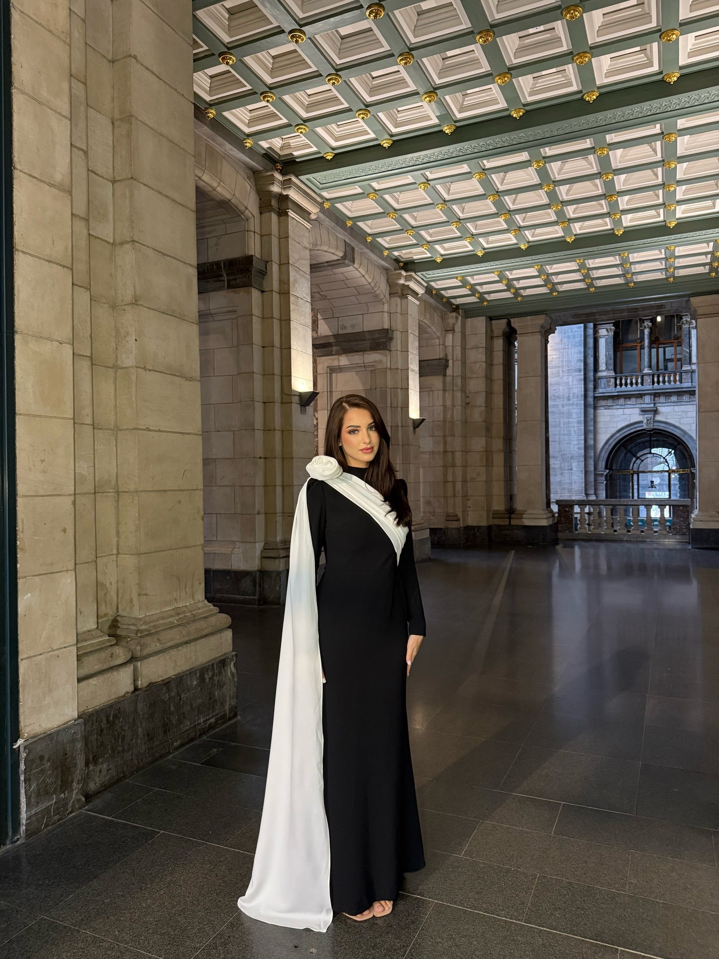 Mermaid Long Sleeves 3D Flower Black-White Evening Formal Gown