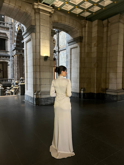 Beige Sheath High Neck Long Sleeves Ruched Floor Length Evenng Formal Dress