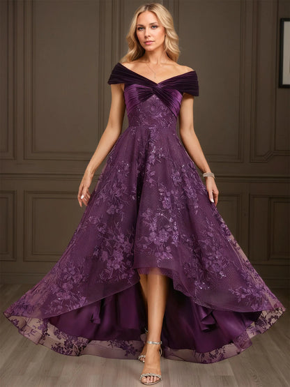 A-line Off the Shoulder Asymmetrical Velvet Lace Evening Dress With Pleated Sequins