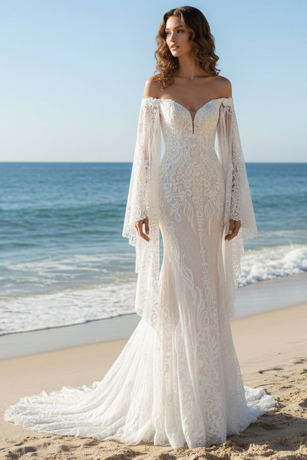 Off the Shoulder White Champagne Mermaid Lace Wedding Dress