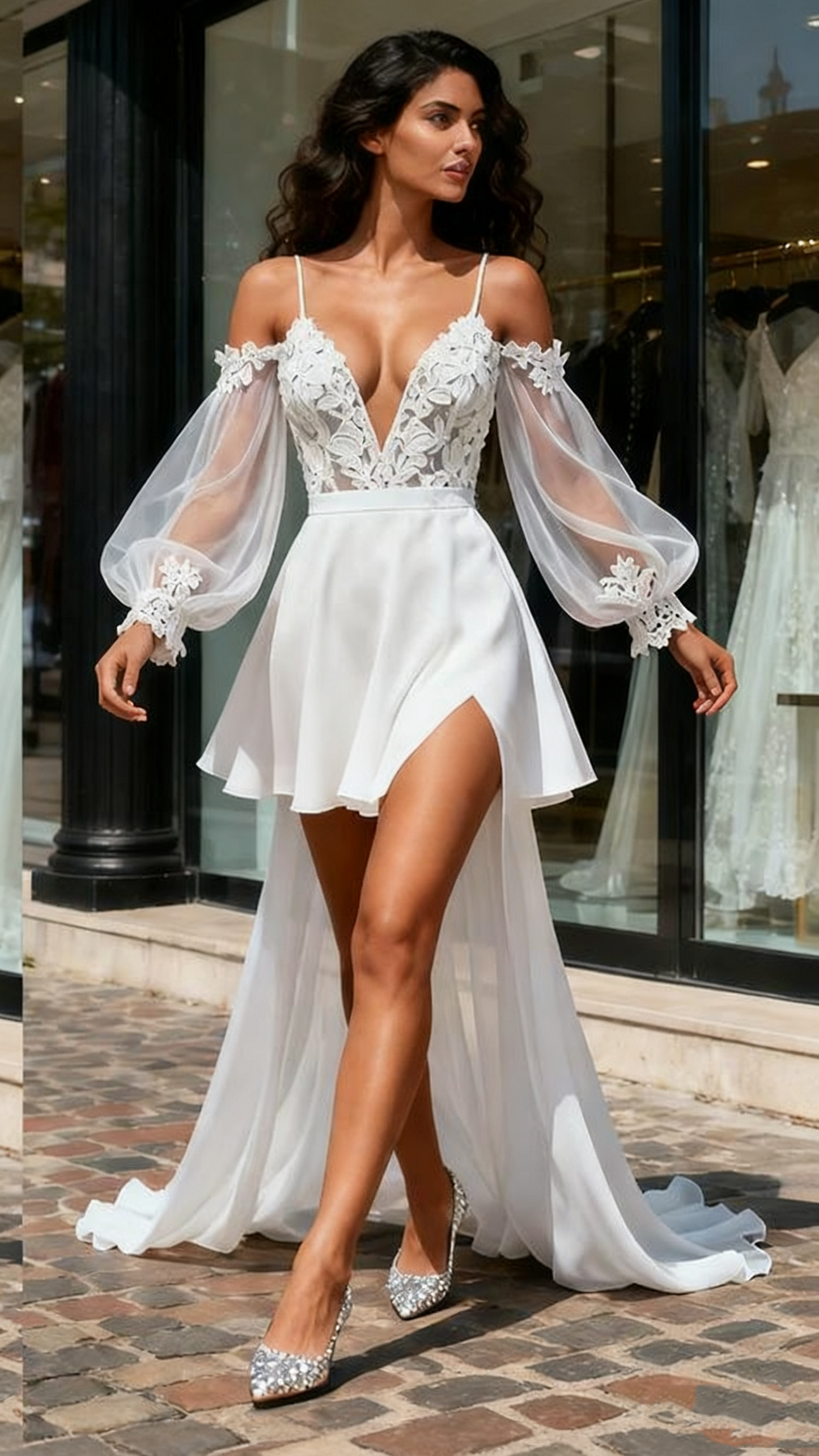 Tulle Long Sleeves High Low Spaghetti Straps Wedding Dress